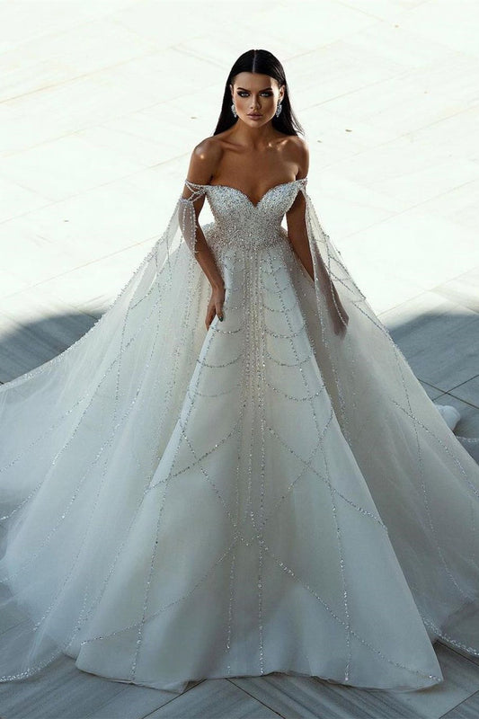 Vestido de novia elegante de corte A con escote en forma de corazón, hombros descubiertos y lentejuelas