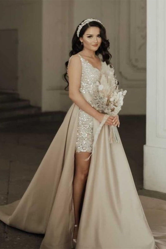 Vestido de fiesta elegante de corte A, sin mangas, con escote en forma de corazón y lentejuelas, con abertura