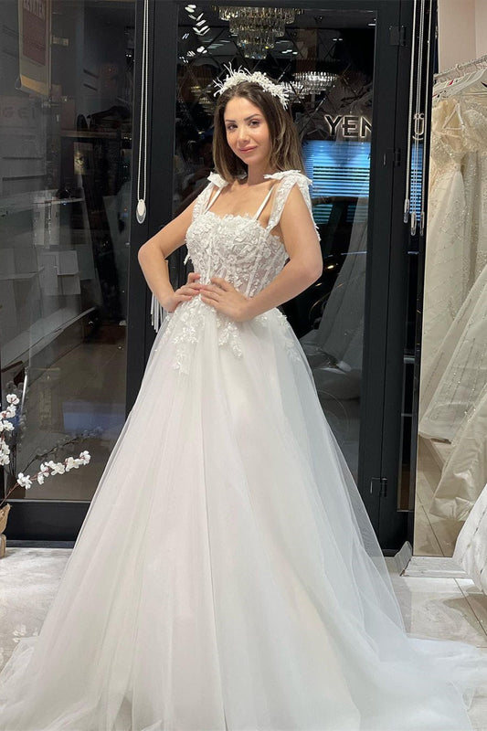 Vestido de novia elegante de tul con escote en forma de A, sin mangas, largo hasta el suelo y apliques