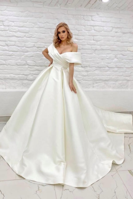 Vestido de novia elegante, largo, sin mangas, color marfil, con corte en A y hombros descubiertos