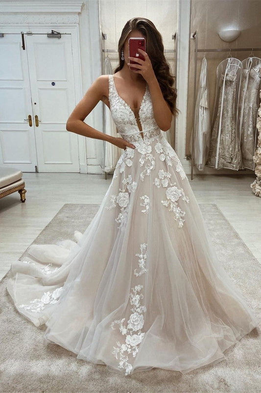 Vestido de novia elegante, largo, sin mangas, con escote en V y apliques de encaje en forma de A