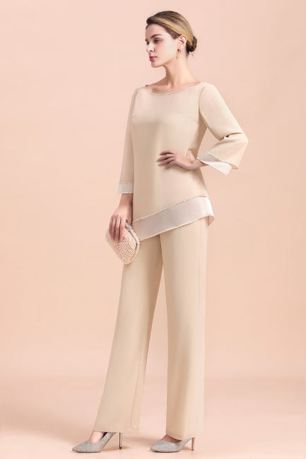 Elegante mono de gasa color champán con cuello redondo para madre de la novia online