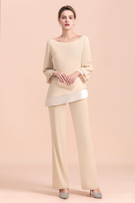 Elegante mono de gasa color champán con cuello redondo para madre de la novia online