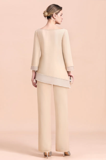 Elegante mono de gasa color champán con cuello redondo para madre de la novia online