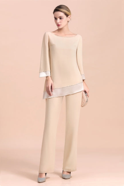 Elegante mono de gasa color champán con cuello redondo para madre de la novia online