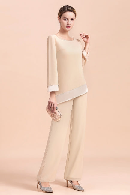Elegante mono de gasa color champán con cuello redondo para madre de la novia online