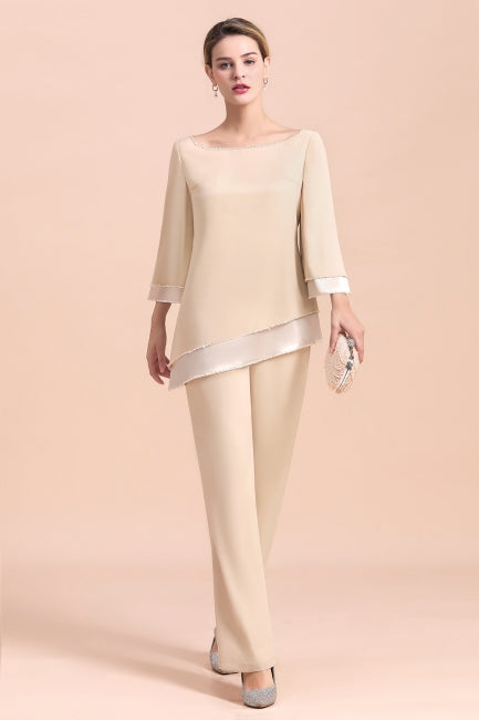 Elegante mono de gasa color champán con cuello redondo para madre de la novia online