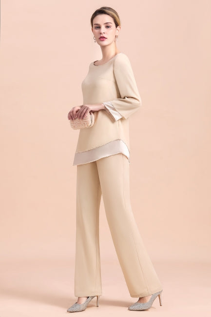 Elegante mono de gasa color champán con cuello redondo para madre de la novia online