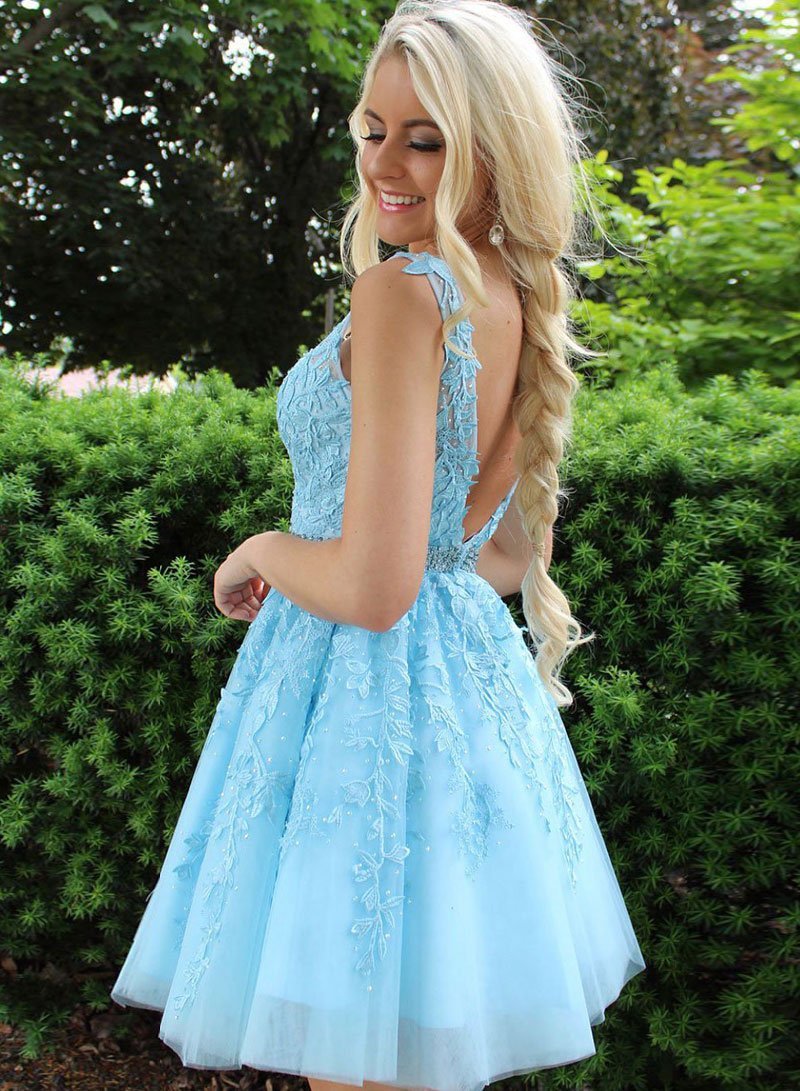 Vestido de fiesta elegante, corto, de tul, con espalda abierta y encaje