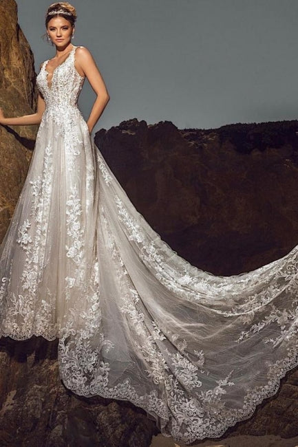 Vestido de novia elegante sin mangas con escote en V, corte A, de tul, con apliques de encaje y bolsillos.