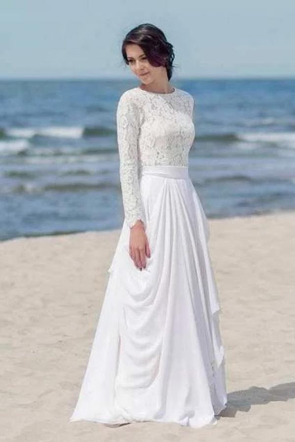 Chiffon Lace Long Sleeve White Zipper Beach Wedding/Bridal Dress