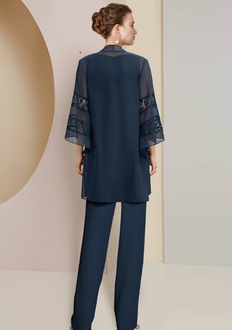 Vestido clásico de gasa para madre, de dos piezas, con mangas 3/4 y joya