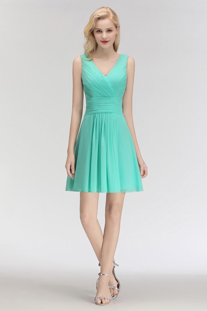 Klassisches Mini-Cocktailkleid mit V-Ausschnitt und Blumenmuster, ärmellos, knielang, Chiffon