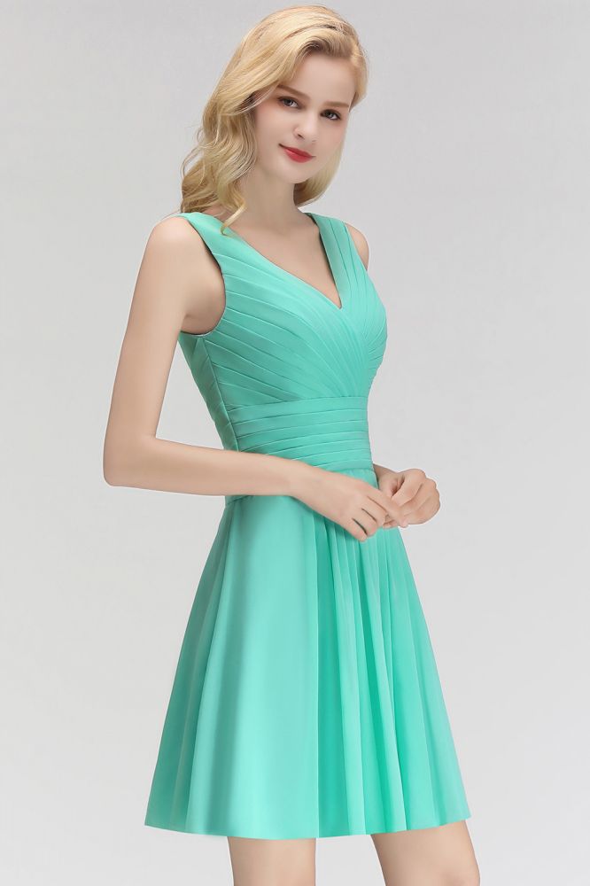 Klassisches Mini-Cocktailkleid mit V-Ausschnitt und Blumenmuster, ärmellos, knielang, Chiffon