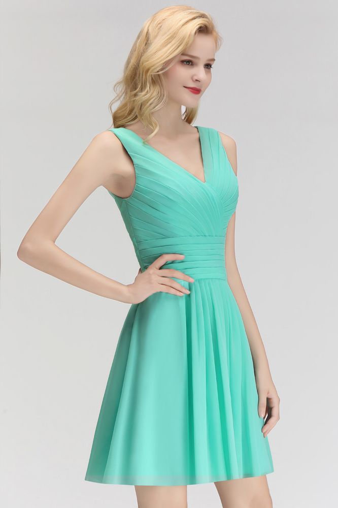 Klassisches Mini-Cocktailkleid mit V-Ausschnitt und Blumenmuster, ärmellos, knielang, Chiffon