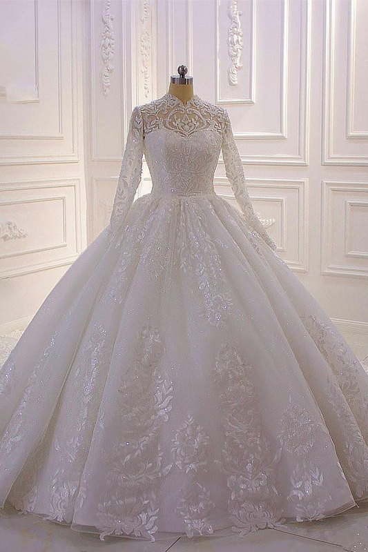 Vestido de novia elegante, largo, corte A, cuello alto, apliques, encaje, perlas, lentejuelas, volantes y mangas