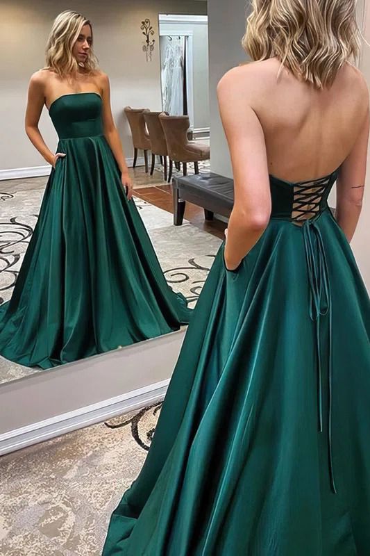 Edles langes trägerloses rückenfreies Ballkleid aus Satin in A-Linie mit Taschen