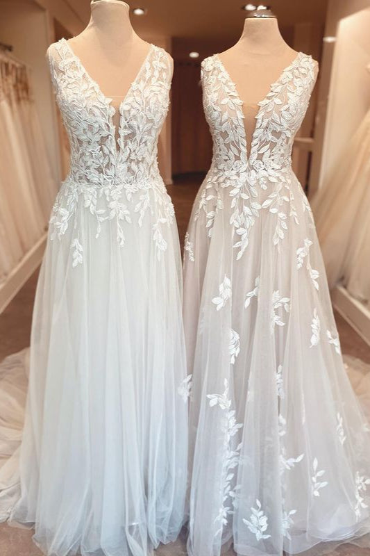 Vestido de novia elegante, largo, corte A, escote en forma de corazón, apliques de encaje y espalda abierta