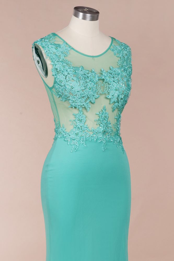 Rundhalsausschnitt, Spitzenapplikationen, Chiffon, Meerjungfrau-Abend-Maxikleid, ärmellos, formelles Kleid