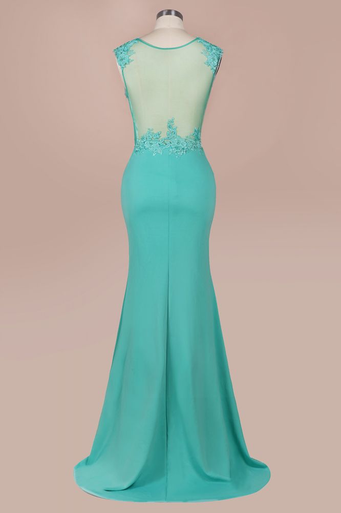 Rundhalsausschnitt, Spitzenapplikationen, Chiffon, Meerjungfrau-Abend-Maxikleid, ärmellos, formelles Kleid