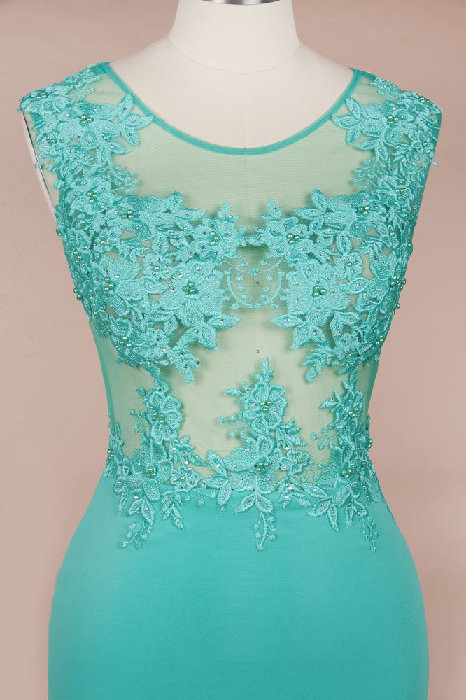 Rundhalsausschnitt, Spitzenapplikationen, Chiffon, Meerjungfrau-Abend-Maxikleid, ärmellos, formelles Kleid