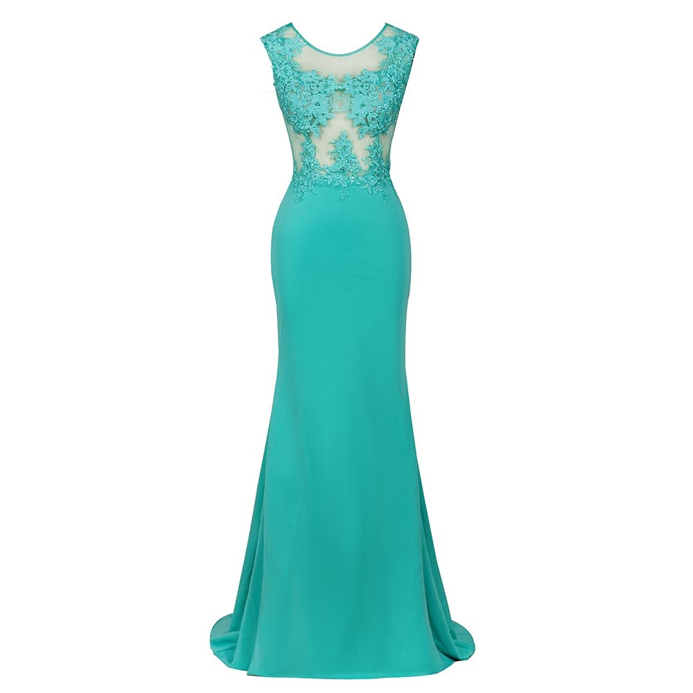 Rundhalsausschnitt, Spitzenapplikationen, Chiffon, Meerjungfrau-Abend-Maxikleid, ärmellos, formelles Kleid
