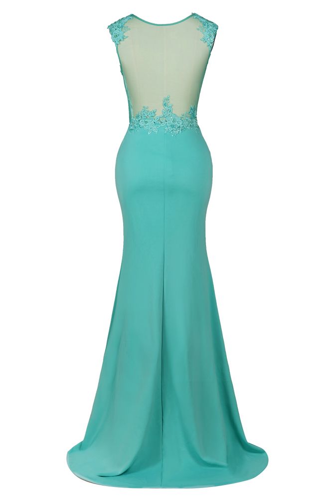 Rundhalsausschnitt, Spitzenapplikationen, Chiffon, Meerjungfrau-Abend-Maxikleid, ärmellos, formelles Kleid