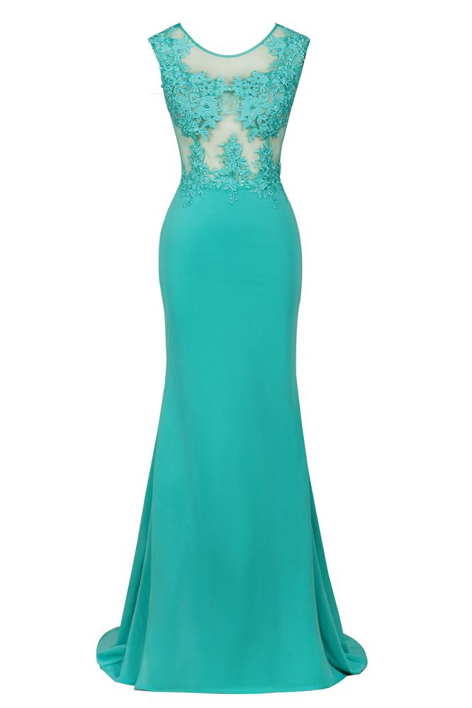 Rundhalsausschnitt, Spitzenapplikationen, Chiffon, Meerjungfrau-Abend-Maxikleid, ärmellos, formelles Kleid