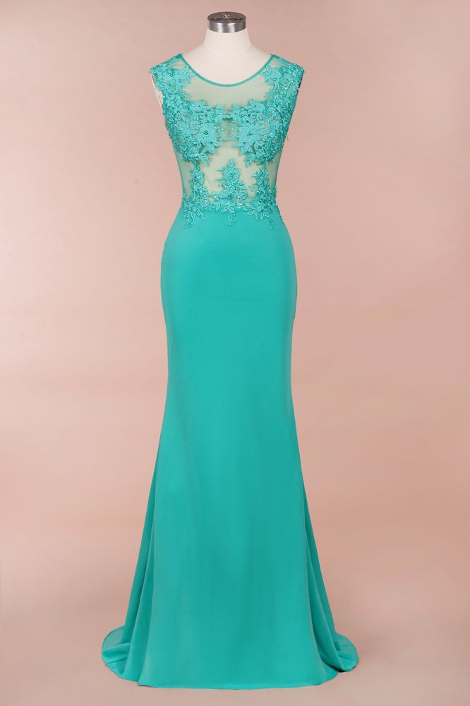 Rundhalsausschnitt, Spitzenapplikationen, Chiffon, Meerjungfrau-Abend-Maxikleid, ärmellos, formelles Kleid