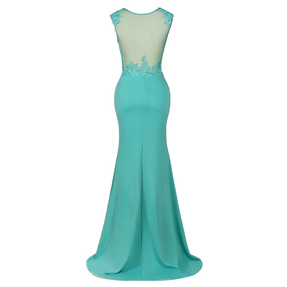 Rundhalsausschnitt, Spitzenapplikationen, Chiffon, Meerjungfrau-Abend-Maxikleid, ärmellos, formelles Kleid