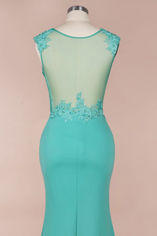 Rundhalsausschnitt, Spitzenapplikationen, Chiffon, Meerjungfrau-Abend-Maxikleid, ärmellos, formelles Kleid