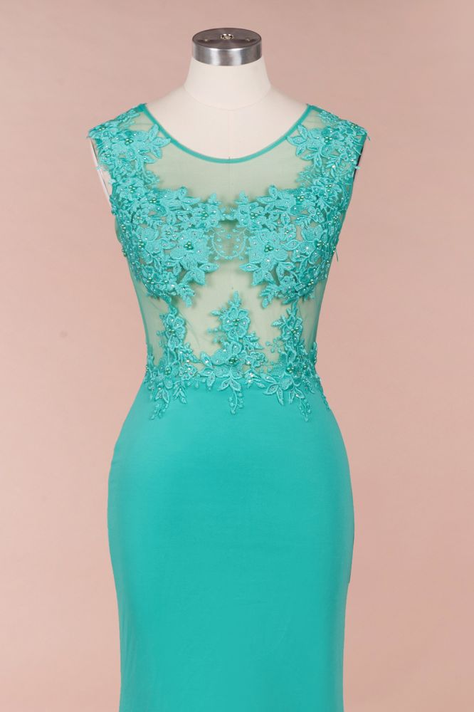 Rundhalsausschnitt, Spitzenapplikationen, Chiffon, Meerjungfrau-Abend-Maxikleid, ärmellos, formelles Kleid