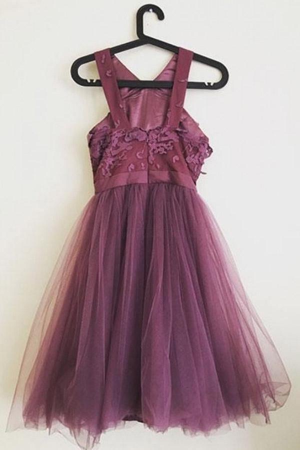 Lindos vestidos de fiesta de tul morado con apliques y corte en A