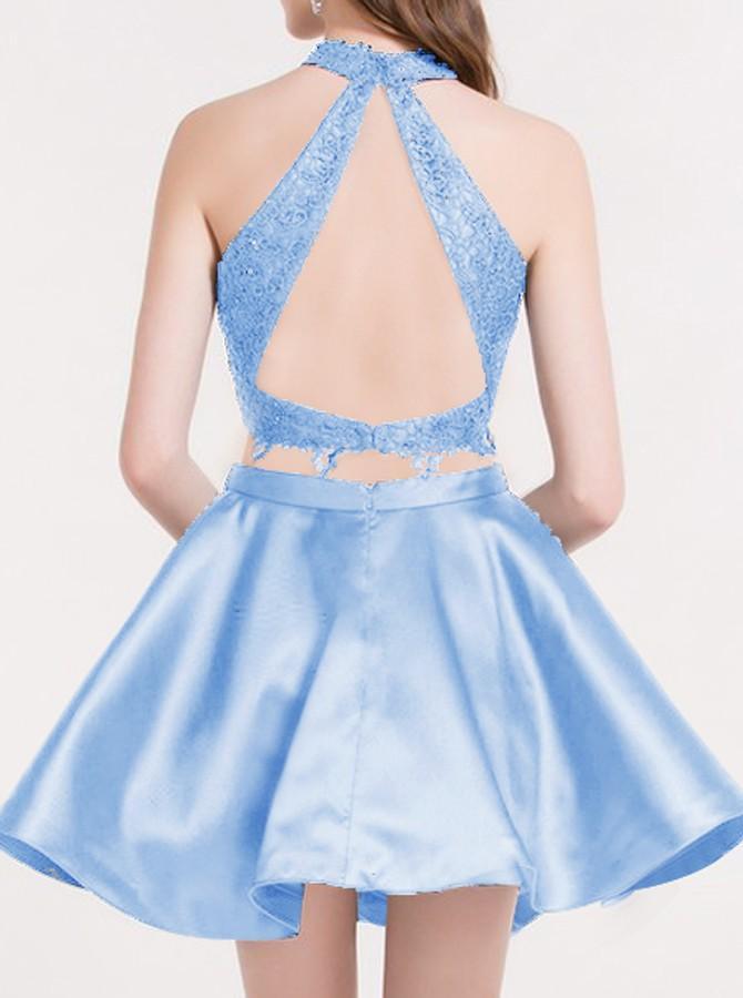Süßes blaues zweiteiliges kurzes Ballkleid aus Spitze und Satin