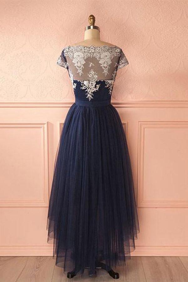 Lindo vestido de fiesta de tul azul oscuro con encaje, corte alto y bajo, vestidos de noche