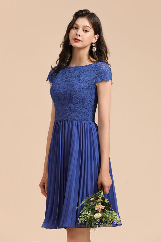 Süßes Chiffon-Mini-Partykleid mit Spitze, kurzen Ärmeln, knielang, Heimkehrkleid