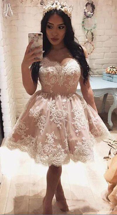 Cute Off The Shoulder A-line Short Pink Lace Homecoming Dress