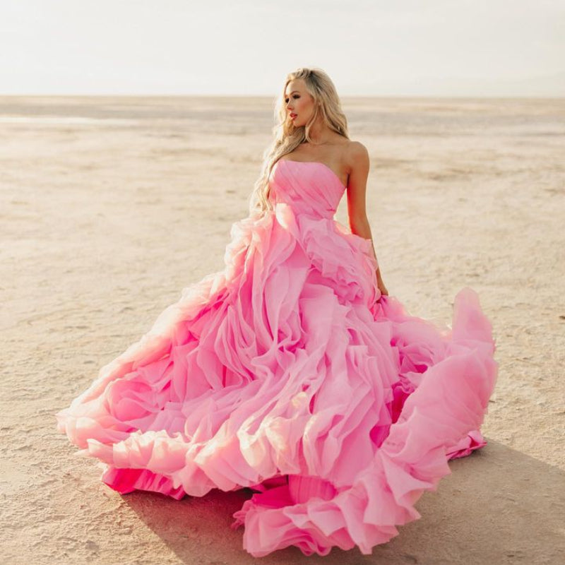 Elegant Pink Petal Ruffle Prom Party Dresses Long Strapless Bridal Photography Dress Beach Boho Maternity Photo Shoot Gowns