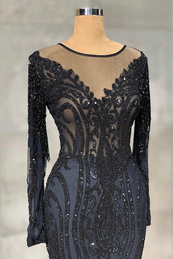 Elegante vestido de fiesta largo de sirena con encaje de tul y mangas