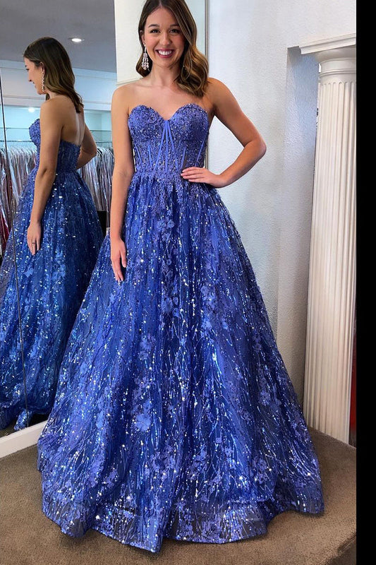 Vestidos largos con escote corazón de encaje y lentejuelas azules