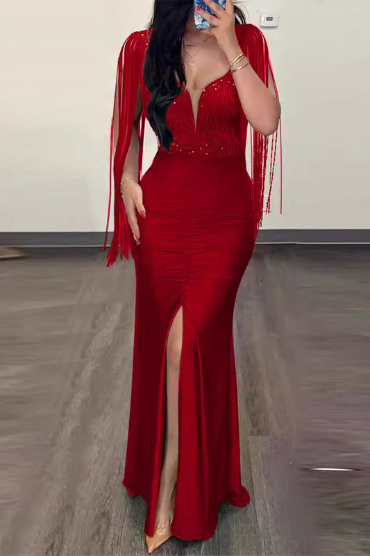 Vestidos de noche sexys formales con borlas sólidas, lentejuelas y abertura en el escote en V