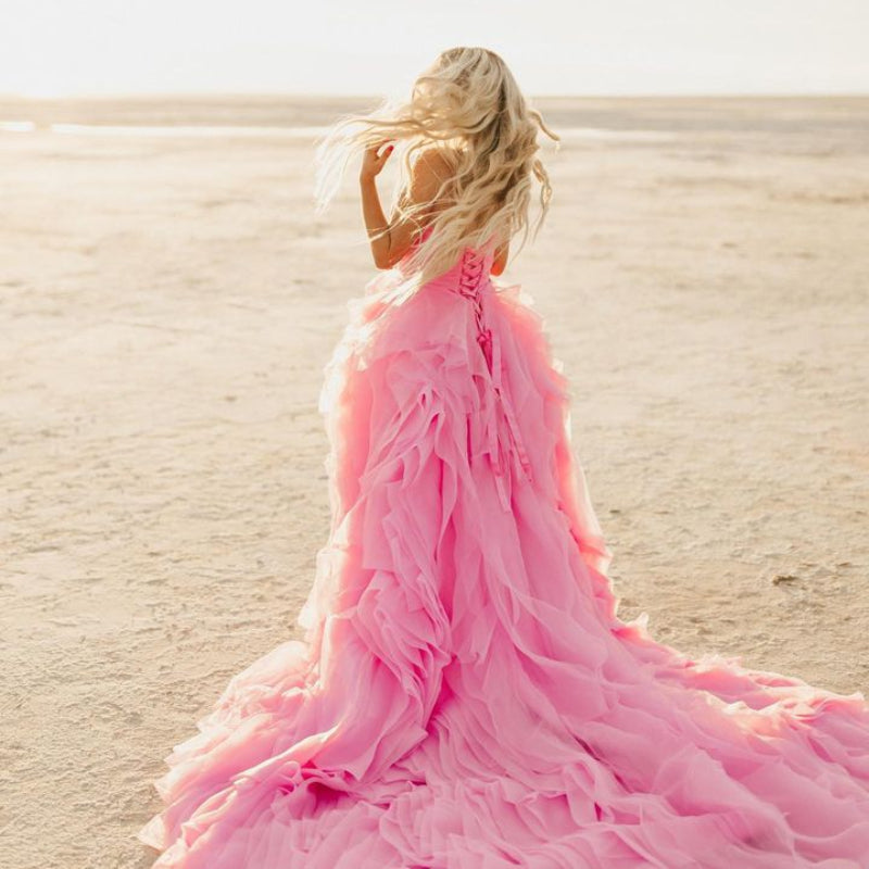 Elegant Pink Petal Ruffle Prom Party Dresses Long Strapless Bridal Photography Dress Beach Boho Maternity Photo Shoot Gowns