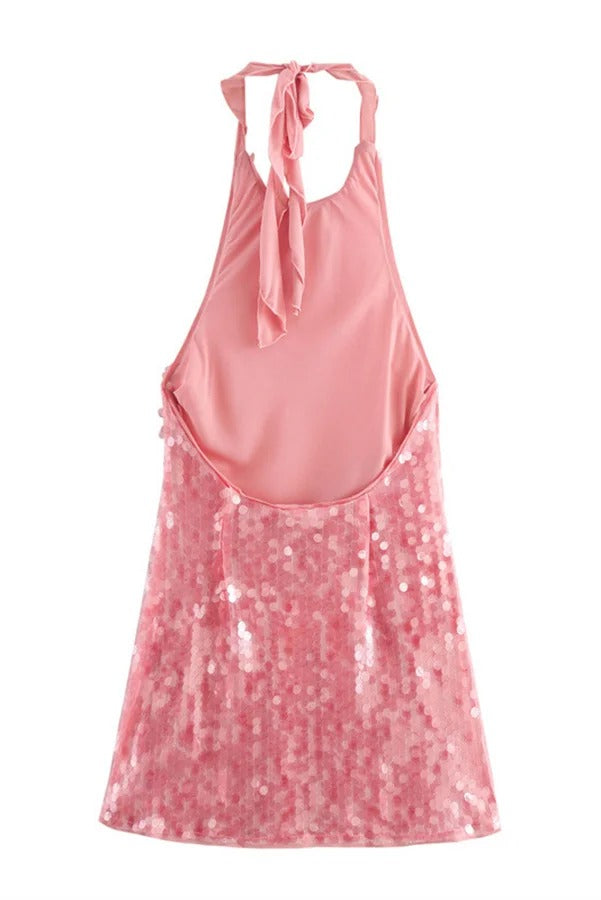Sexy Neckholder-Minikleid mit rückenfreiem Paillettenbesatz und Rosen-Scheiben