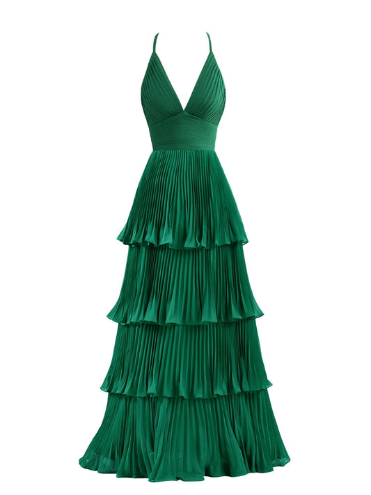 Vestido de dama de honor de gasa con corte A y largo hasta el suelo con capas
