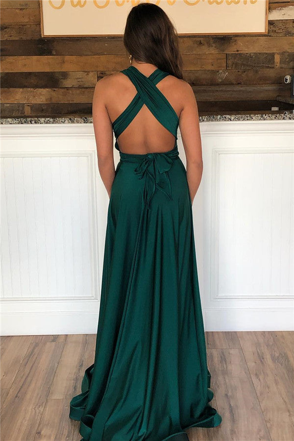 Dunkelgrünes langes A-Linien-Neckholder-Ballkleid mit offenem Rücken und Schlitz