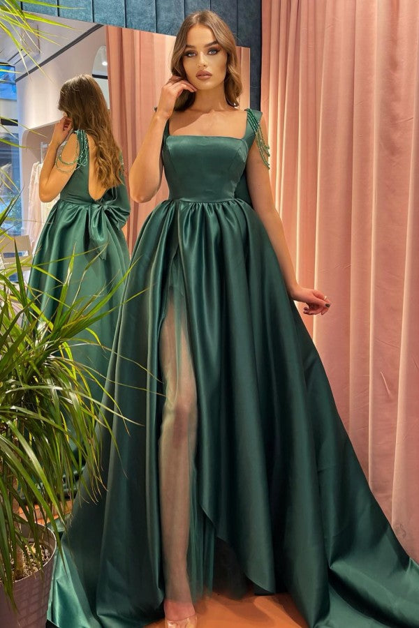Dunkelgrünes langes A-Linien-Ballkleid aus Satin mit Schlitz vorne und offenem Rücken und Schleife