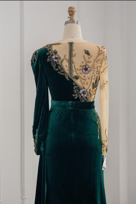 Vestidos de noche de sirena con joya y mangas largas en color verde oscuro, vestidos de fiesta con volantes