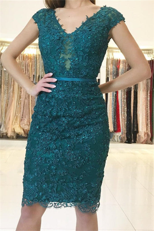 Dunkelgrünes kurzes Meerjungfrau-Heimkehrkleid mit V-Ausschnitt und Spitze