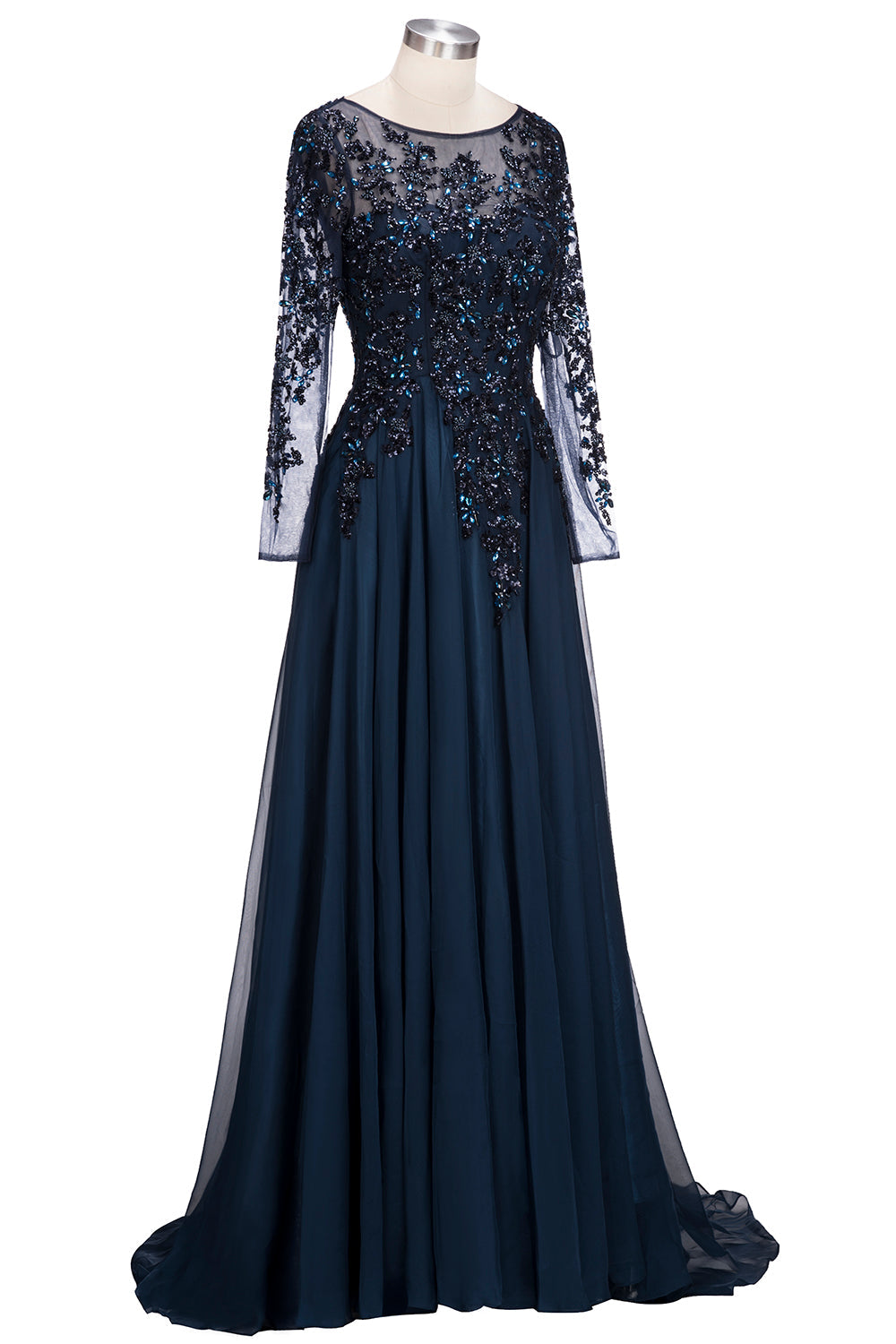 Vestido de noche formal de tul con joya, corte A, largo, azul marino oscuro, con mangas