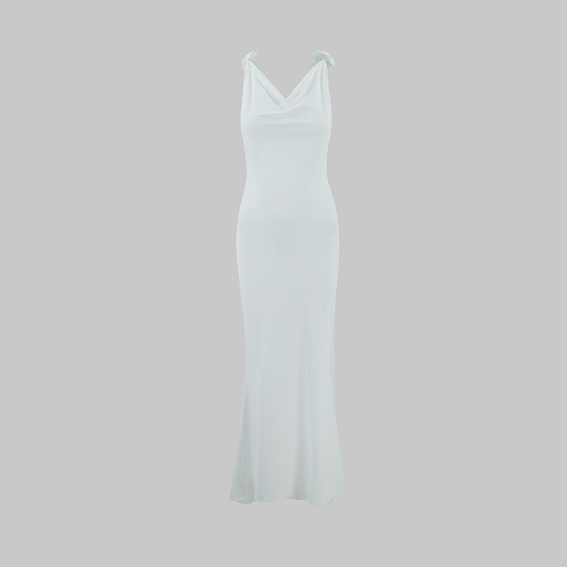 Damen Slim Fit Sexy Abendkleid Tiefer V-Ausschnitt Rückenfrei Blumenmuster Dekorativer Schultergurt Fischschwanzkleid